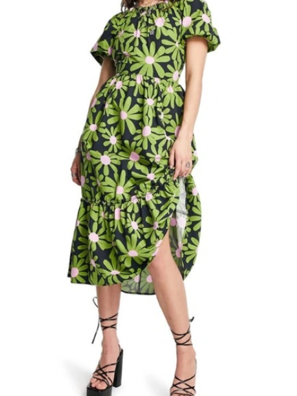 Topshop Green Floral Midi Dress with Pink Daisy Details